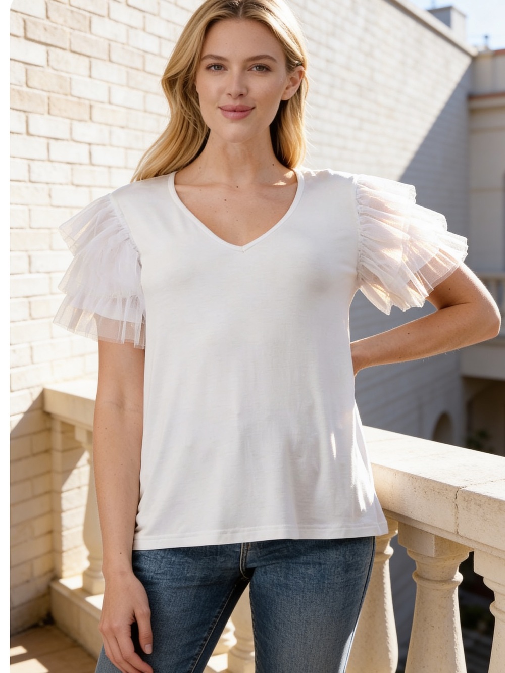 ShopEvelynne White Tulle Sleeve Blouse